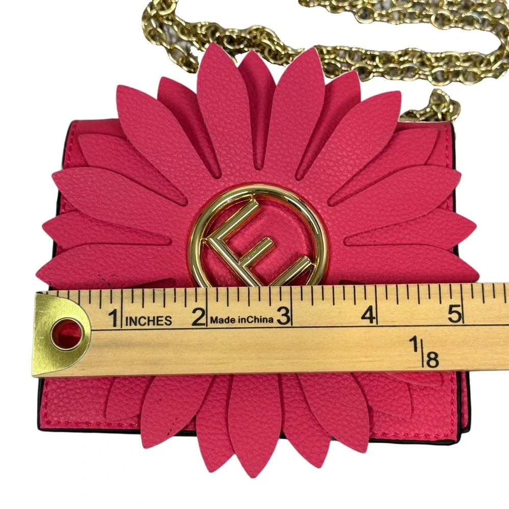 Pink Micro Purse Large Flower Embellishment Gold Accents, “E”  And Chain 5x4” - Picture 9 of 12